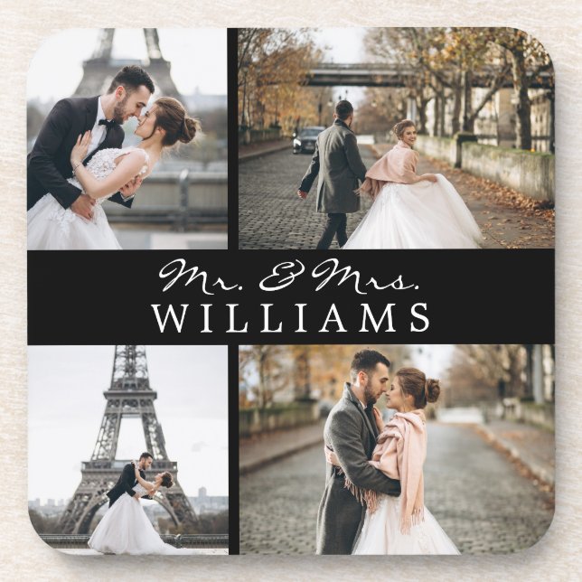Modernes Foto Collage Monogram Newlyweds Black Getränkeuntersetzer (Vorderseite)