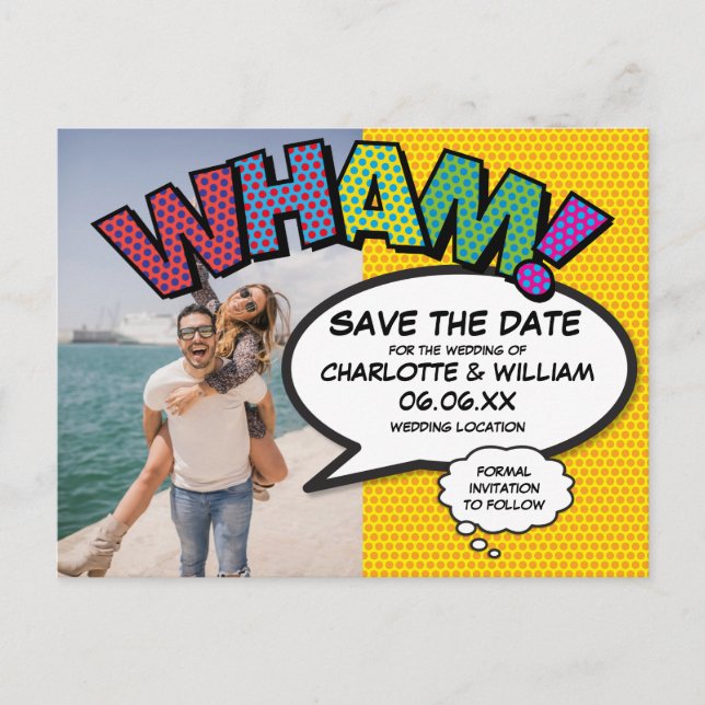 Modernes Foto Comic Save the Date buchen Ankündigungspostkarte (Vorderseite)