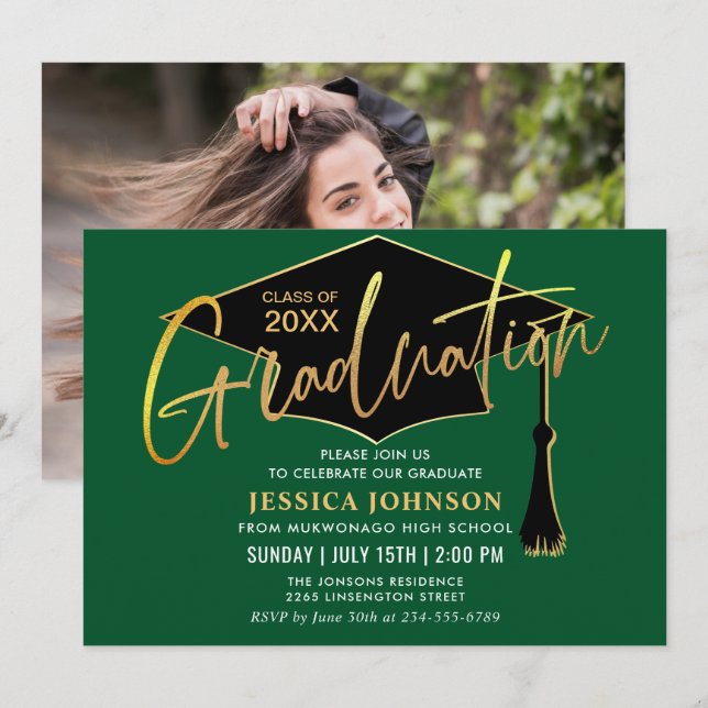 Modernes Foto der Golden Green Graduation Party Einladung (Vorne/Hinten)