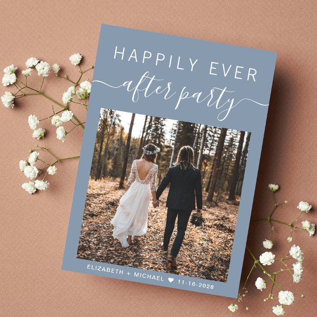Modernes Foto Dusty Blue Wedding Empfang Ankündigung (An chic Happily Ever After Party Invitation to set the tone for an unforgettable event)
