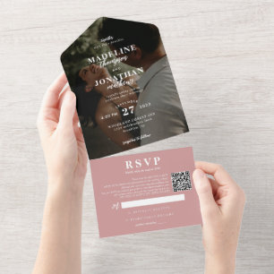 Modernes Foto Dusty Pink QR Code Hochzeit All In One Einladung