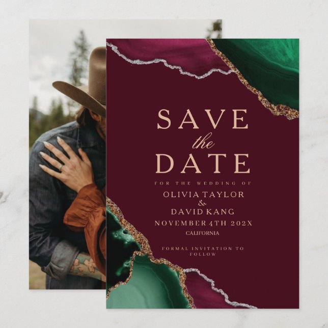 Modernes Foto Emerald Agate Burgundy Save the Date (Vorne/Hinten)