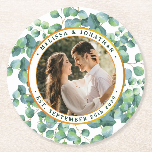 Modernes Foto Eukalyptus Greenery Gold Wedding Runder Pappuntersetzer (Vorderseite)