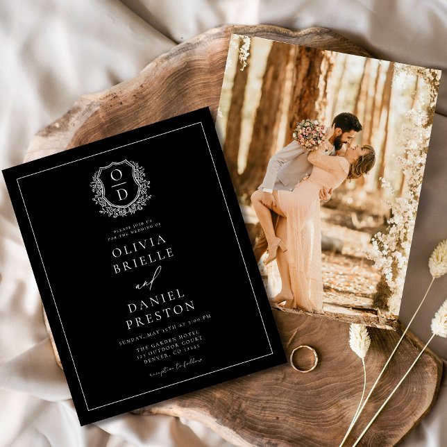 Modernes Foto Floral Wappen Monogramm Hochzeitsfei Flyer (Von Creator hochgeladen)