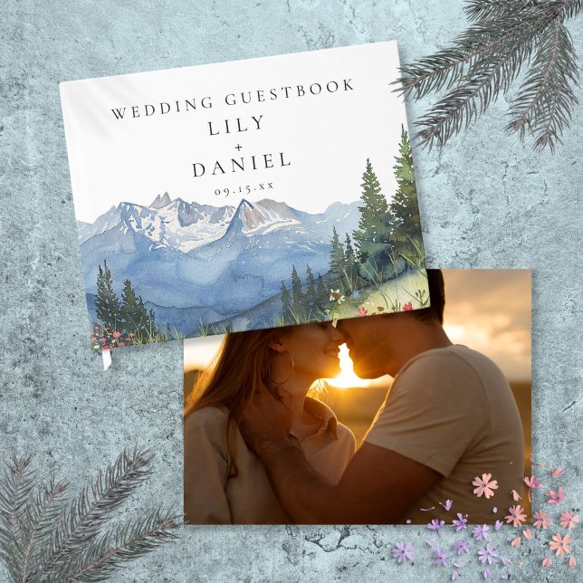 Modernes Foto für Hochzeiten im Gebirge Gästebuch (Modern Watercolor Mountain Floral Wedding Photo Guest Book)