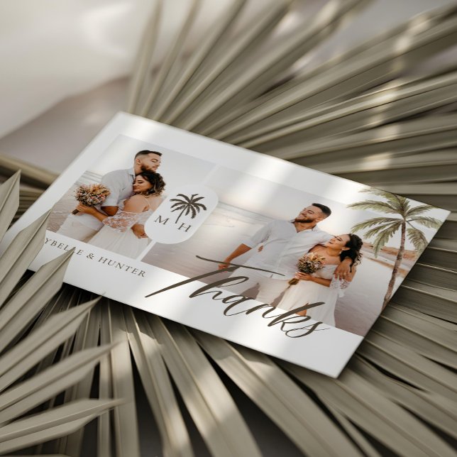 Modernes Foto für Hochzeitsfeiern in Aquarellpalme Dankeskarte (Modern Watercolor Palm Tree Monogram Wedding Photo Thank You Card (Front))