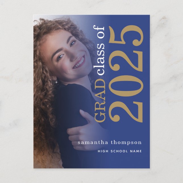 Modernes Foto Gold Blue 2025 Abschluss Ankündigungspostkarte (Vorderseite)