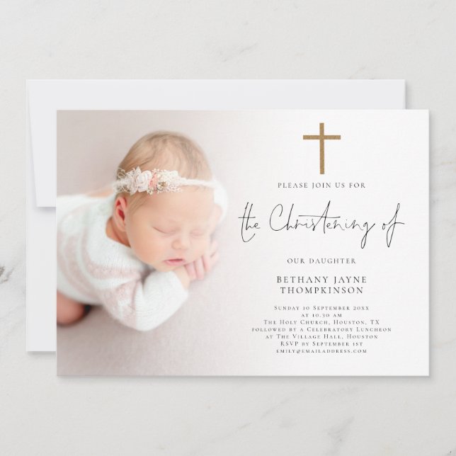 Modernes Foto Gold Glitzer Cross Christening Einladung (Vorderseite)