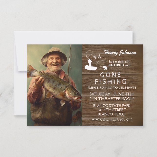 Modernes Foto Gone Fishing Retirement Einladung (Vorderseite)