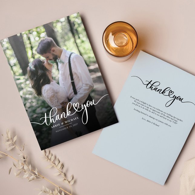 Modernes Foto handgeschriebene Hochzeit Vielen Dan Mitteilungskarte (Modern Wedding Photo Guests Thank You Script Handwritten Card)