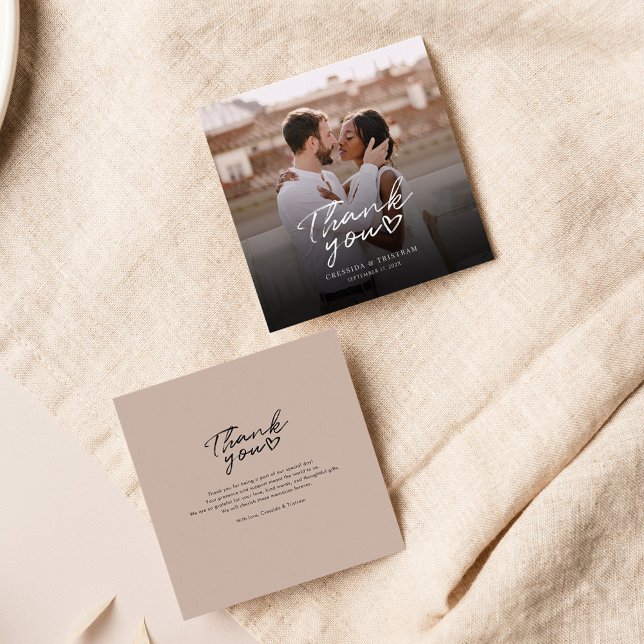 Modernes Foto handgeschriebene Hochzeit Vielen Dan Mitteilungskarte (Elegant Photo Wedding Tan Thank You Mini Card)