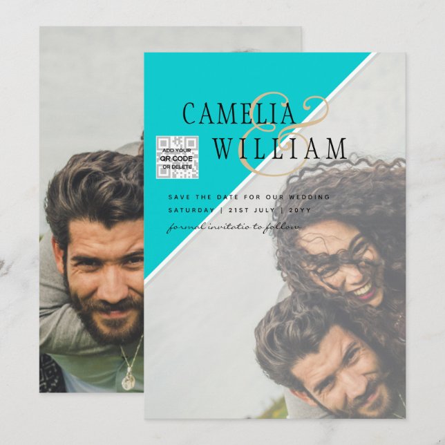 Modernes FOTO Hochzeit Einladung QR CODE UAWG AQUA (Vorne/Hinten)