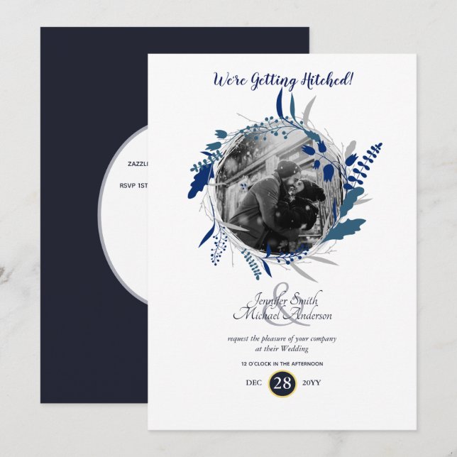 Modernes FOTO Hochzeit Minimalistischer Blaukranz Einladung (Vorne/Hinten)