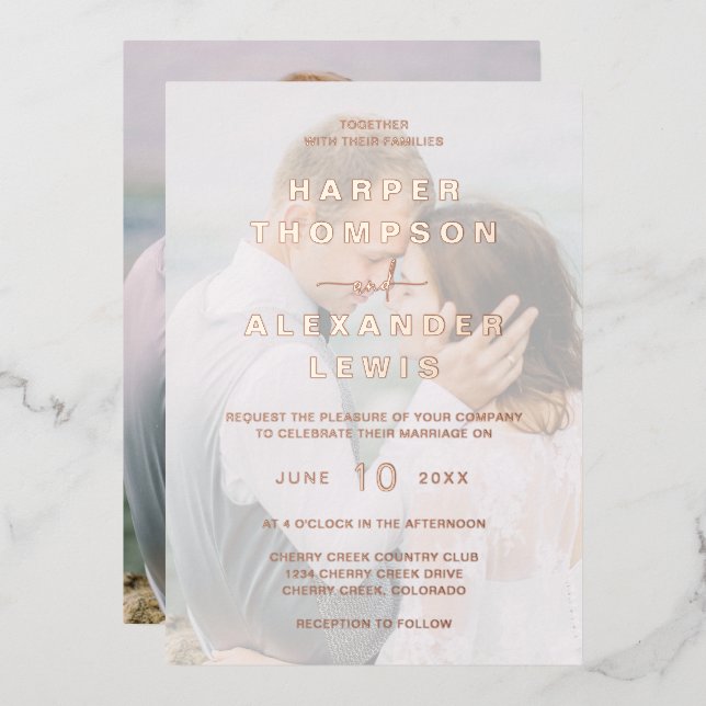 Modernes Foto Hochzeit Rose Gold Folieneinladung (Vorderseite/Rückseite)