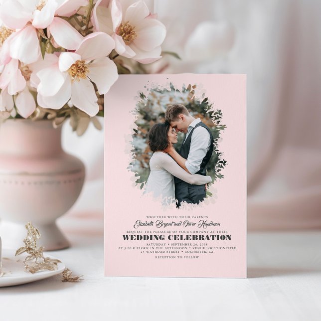 Modernes Foto im Grünen Rosa Hochzeit Einladung (Pink Wedding Photo Invitations)