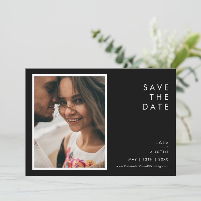 Modernes Foto in Schwarz und Weiß, horizontal Save The Date (Stehend Vorderseite)
