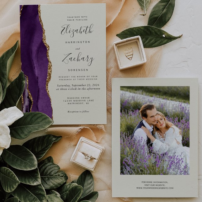 Modernes Foto Lila Gold Agate Elfenbeinhochzeit Einladung (Von Creator hochgeladen)