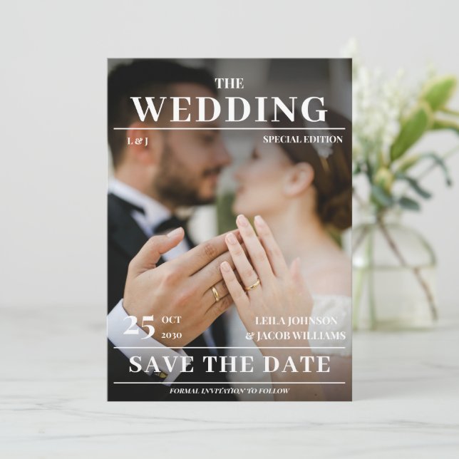 Modernes Foto-Magazin zum Thema Hochzeitseinladung Einladung (Stehend Vorderseite)
