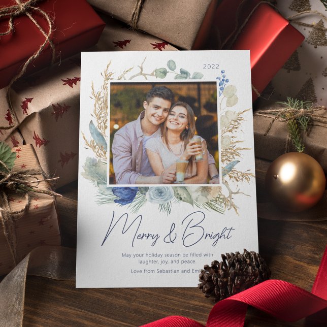 Modernes Foto Merry & Bright Script Boho Floral (Von Creator hochgeladen)