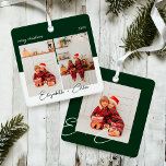 Modernes Foto mit angesagtem Grün- und Weißnamen M Ornament Aus Metall<br><div class="desc">Freuen Sie sich auf den angesagten minimalen und modernen grünen und weißen Metallschmuck. Unser Design zeichnet sich durch ein Farbstreifen in Rot und Weiß aus, mit zwei Foto-Layouts auf der Vorderseite und einem Single-Foto auf der Rückseite, um Ihre speziellen Fotos zu zeigen. Personalisieren Sie Ihre Texte, das Jahr, den Namen...</div>