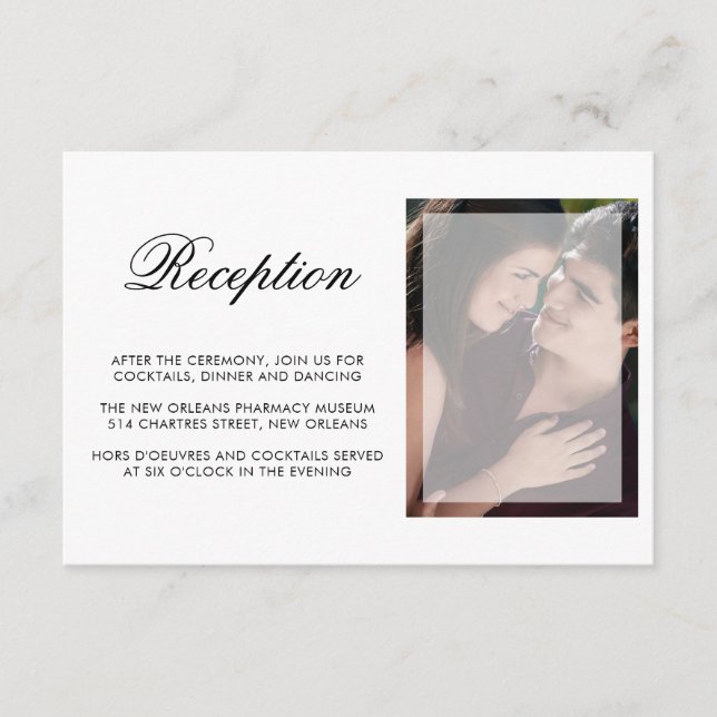 Modernes Foto mit Chic Script Hochzeitsempfang Begleitkarte (Vorderseite)