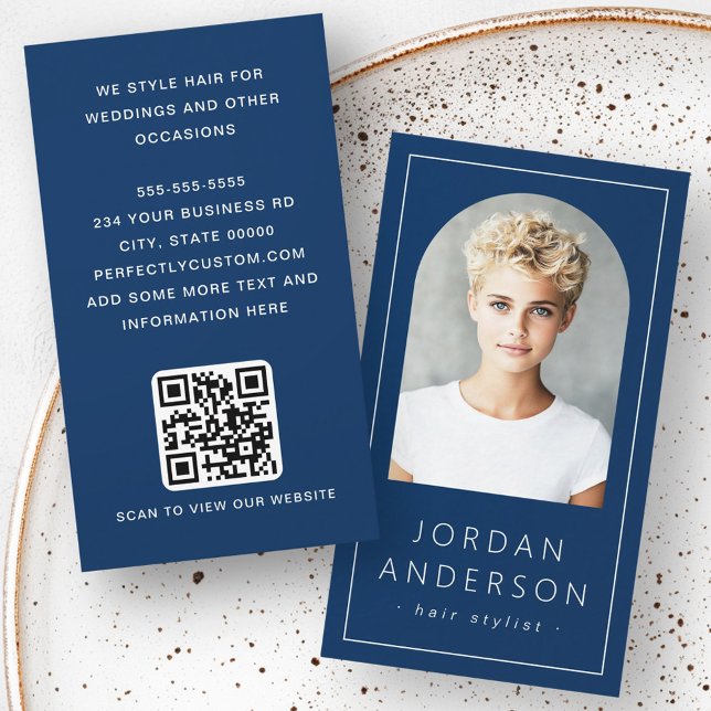 Modernes Foto mit dünner Grenze QR-Code dunkelblau Visitenkarte (Modern arch photo thin border QR code dark blue Business Card)