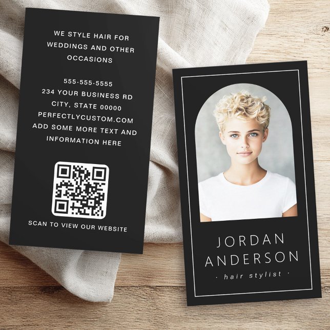 Modernes Foto mit dünner Grenze QR-Code schwarz Visitenkarte (Modern arch photo thin border QR code black Business Card)