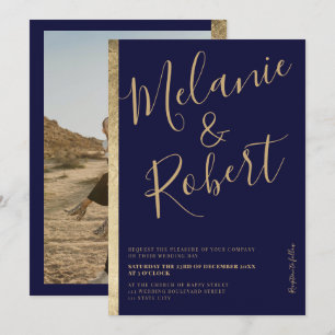 Modernes Foto mit feinem Goldstreifen und blauen H Einladung