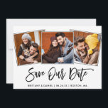 Modernes Foto mit Pinselschrift 3 Rette unsere Dat Save The Date<br><div class="desc">Modernes Pinselskript Rustikales Holz Paar 3 Foto Rettete unsere Date Verlobung Announcement Card</div>
