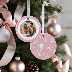 Modernes Foto mit rosa und weißen Schneeflocken Keramik Ornament