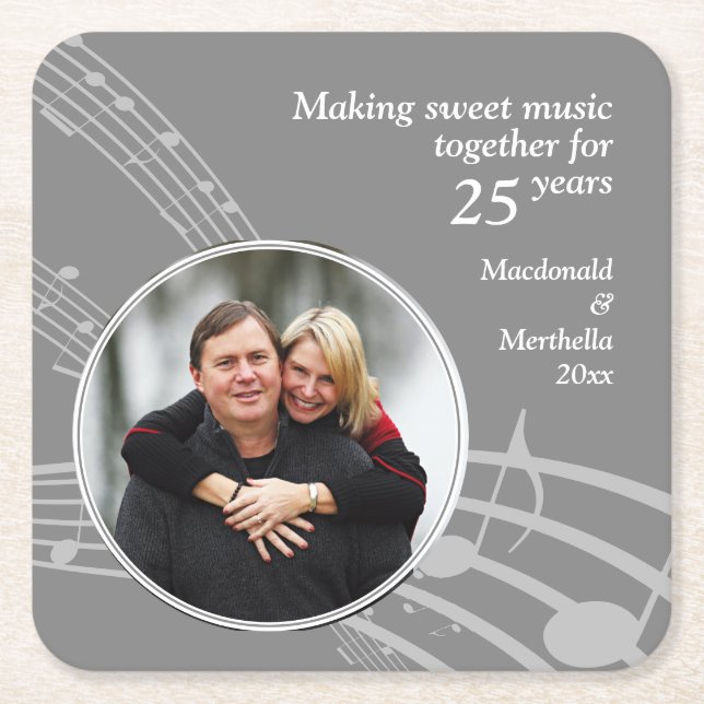 Modernes Foto MUSIC 25. Silver Wedding Jubiläum Rechteckiger Pappuntersetzer (Vorderseite)