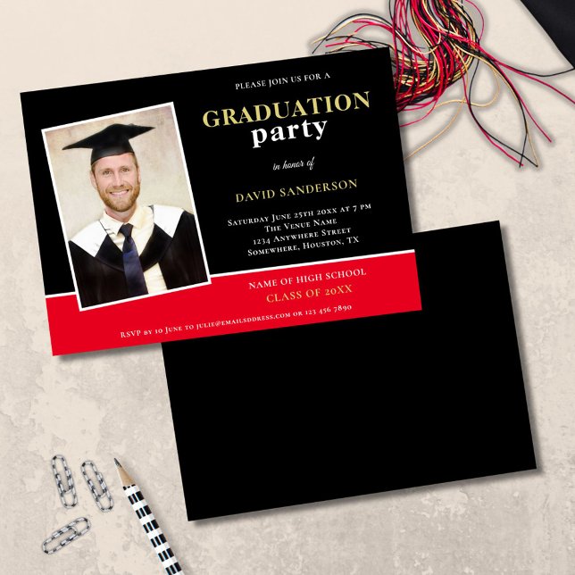 Modernes Foto Name Gold Black Red Grad Party Einladung (front and back view)