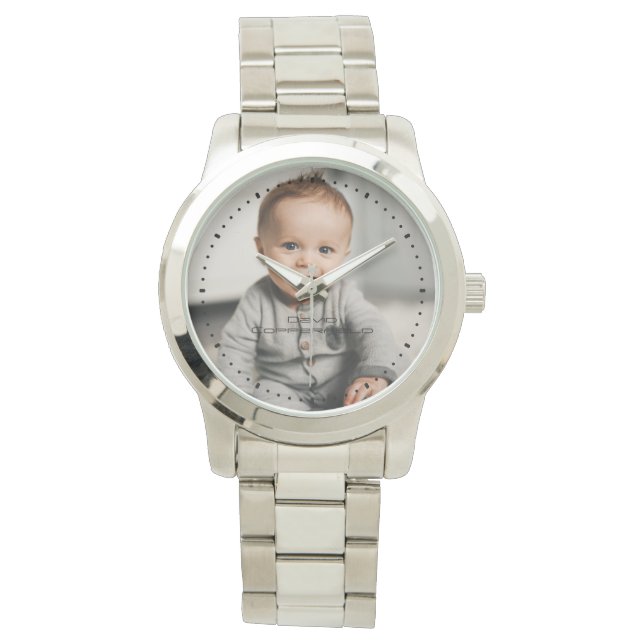 Modernes Foto Name Silver Armbanduhr (Vorderseite)
