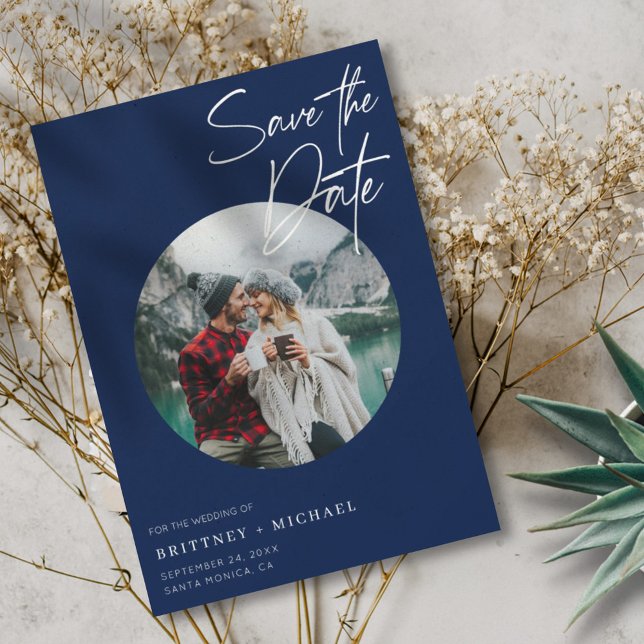 Modernes Foto Navy Blue Save The Date (Von Creator hochgeladen)