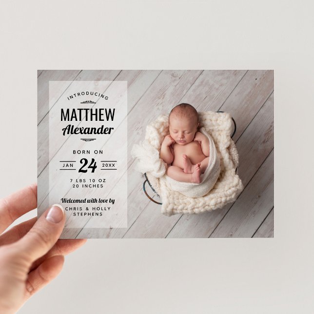 Modernes Foto Overlay Baby Boy Geburtserklärung Ankündigung (Von Creator hochgeladen)