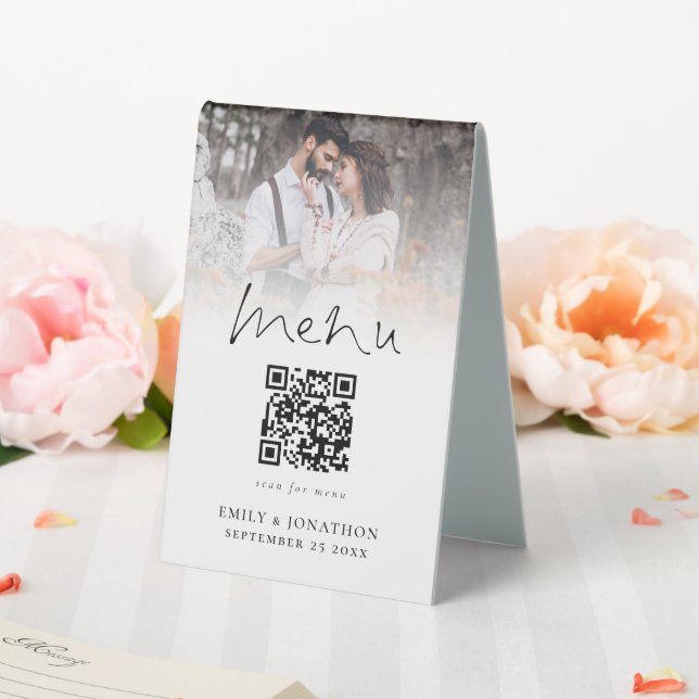 Modernes Foto-Overlay Qr-Codemenü Hochzeit Tischaufsteller (In Situ (Hochzeit))
