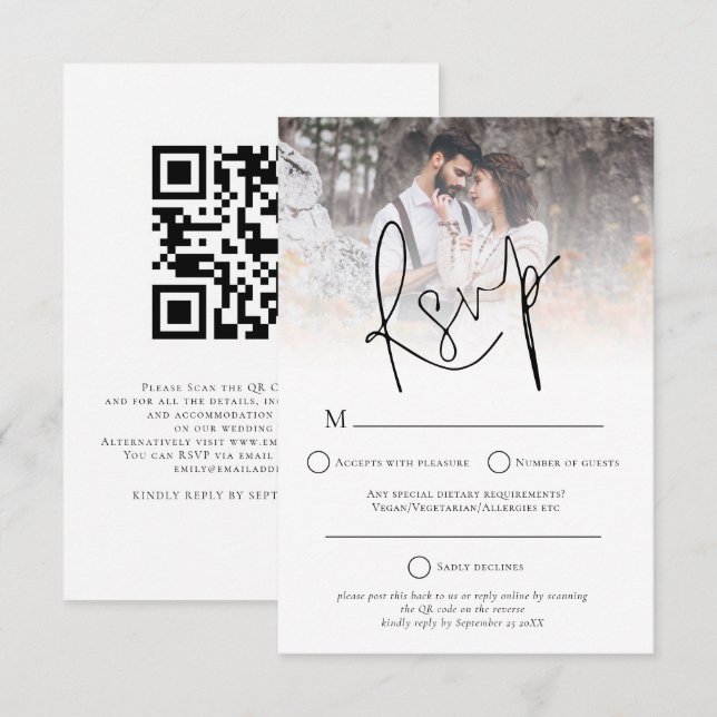 Modernes Foto-Overlay QR RSVP Karte (Vorne/Hinten)