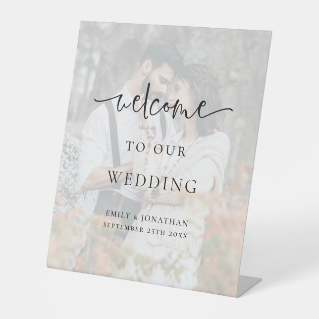 Modernes Foto Overlay Willkommen bei Hochzeit Sockelschild (Vorderseite)