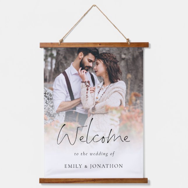 Modernes Foto Overlay Willkommen bei Hochzeit Wandteppich Mit Holzrahmen (Vorderseite)