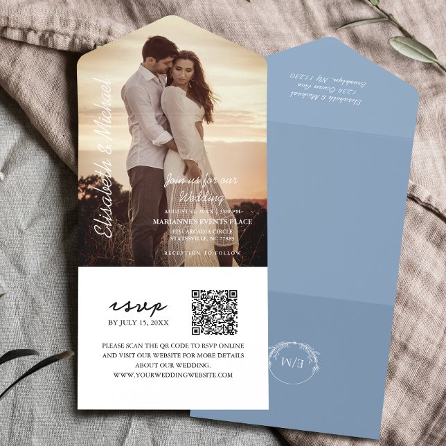 Modernes Foto QR Code Dusty Blue Wedding All In One Einladung (Simplify your wedding with all-in-one invitations, with QR code for RSVP. Modern elegance made easy!)
