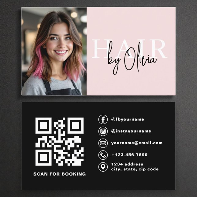 Modernes Foto QR Code Haarstollen Rosa Visitenkarte (Von Creator hochgeladen)