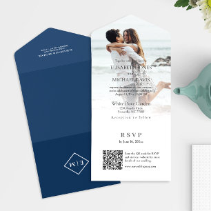 Modernes Foto QR Code Navy Blue Wedding All In One Einladung