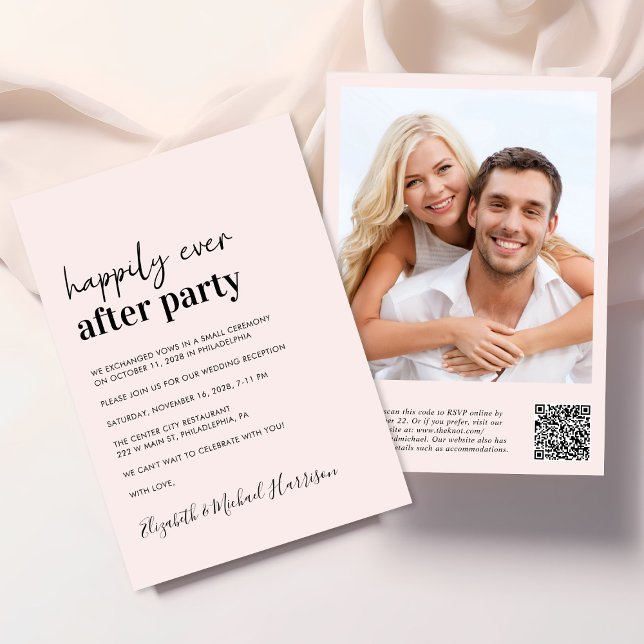 Modernes Foto QR Code Rosa Hochzeitsempfang Einladung (An chic Happily Ever After Party all-in-one invitation for your wedding celebration)