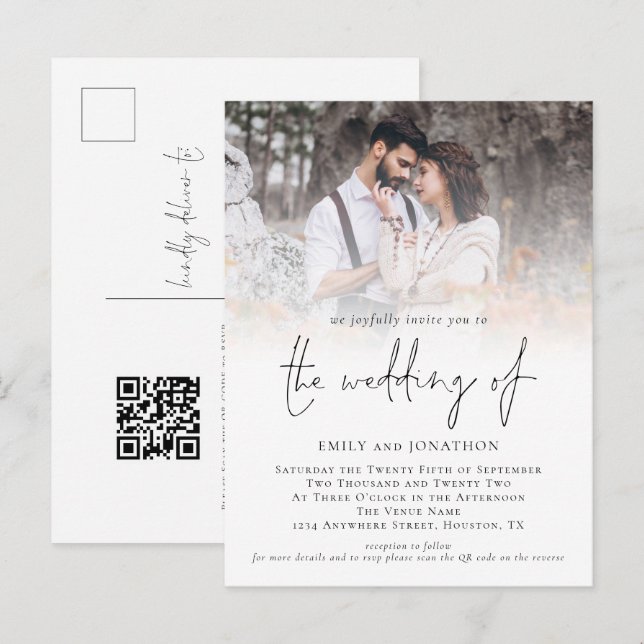 Modernes Foto QR Code Skript Hochzeit Einladungspostkarte (Vorne/Hinten)