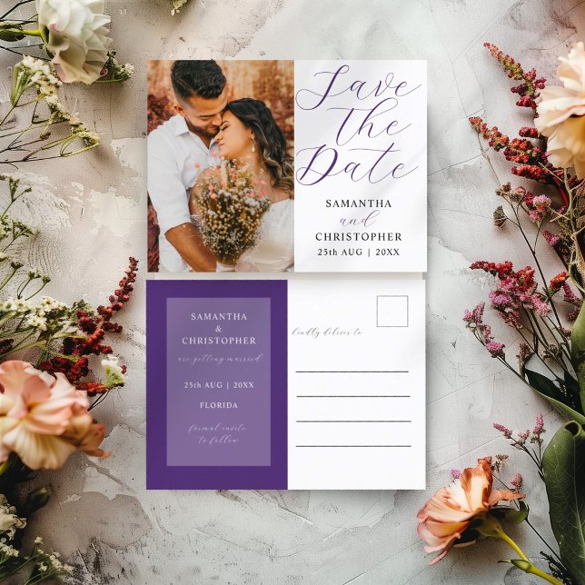 Modernes Foto Save the Date Hochzeit Lila Ankündigungspostkarte (Von Creator hochgeladen)
