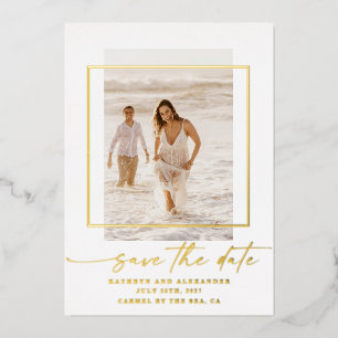 Modernes Foto Save the Date Real Gold Olivenweg Folieneinladung