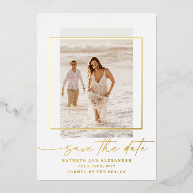 Modernes Foto Save the Date Real Gold Olivenweg Folieneinladung (Vorderseite)