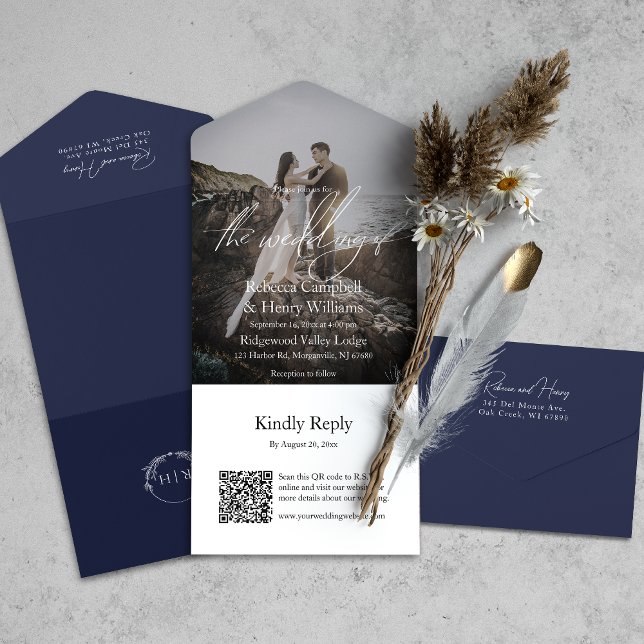 Modernes Foto Script QR Code UAWG Navy Blue Weddin All In One Einladung (All-in-one wedding invitation with QR code to RSVP - Simplify and save time for you and your guests.)