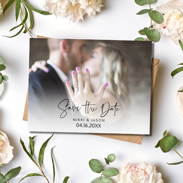 Modernes Foto-Skriptbudget Hochzeit speichern das  Ankündigungspostkarte (Modern Photo Script Budget Wedding Save the Date)