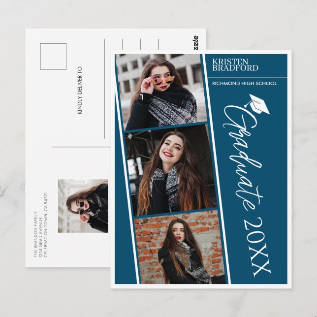 Modernes Foto Strips Blue Abschluss Ankündigung Postkarte (Vorne/Hinten)